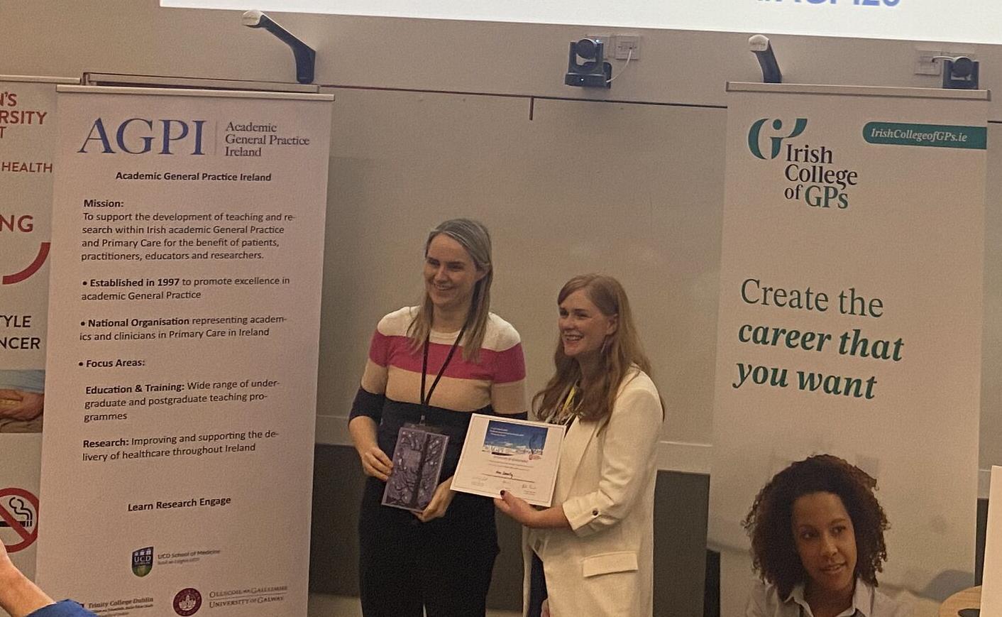 Prof Emma Wallace collecting the award on behalf of Dr Ann Sinéad Doherty