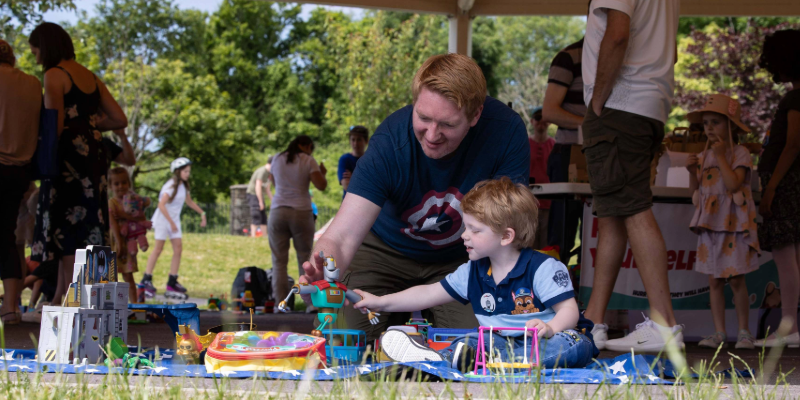 Pictured is Padraig O’Connell and his son Lucas who is living with Cystic Fibrosis at a toy swap event in Carrigaline Park to mark the launch of Ireland’s first digital toy library. TheToyLibrary.ie aims to revolutionise the way families and children access toys in communities across Ireland. Picture: Clare Keogh 