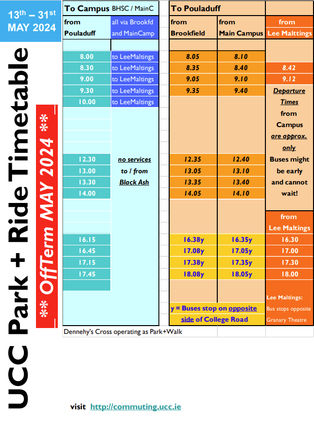 Park and Ride Timetable - Off-term