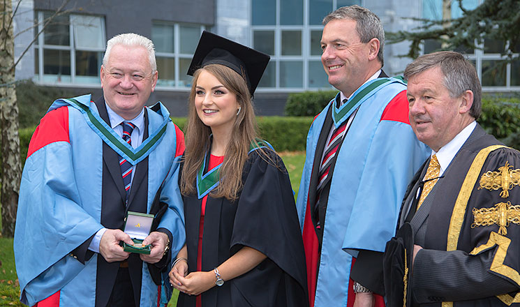 Professor David Sheehan, Head of School of Biochemistry and Cell Biology, UCC; Elaine O'Brien, Gold Medal recipient; Professor Paul Ross, Head of College of Science, Engineering and Food Science (SEFS), UCC; and Dr Michael Murphy, President, UCC.