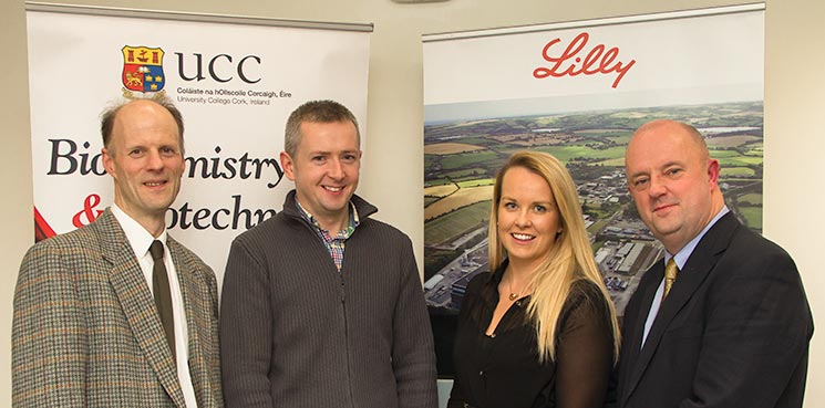 Professor Tommie McCarthy, School of Biochemistry and Cell Biology & MSc in Biotechnology programme director; Dr Conor Horgan, Eli Lilly; Sarah McCarthy, Eli Lilly and Noel Henderson, Eli Lilly.