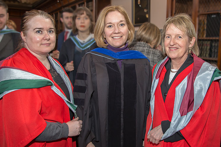Dr Sinéad Kerins, Dr Kellie Dean and Dr Cora O'Neill, School of Biochemistry and Cell Biology, at the reception in the Aula Maxima following the MSc in Biotechnology and MSc in Molecular Cell Biology with Bioinnovation conferrings on 23 February 2017.