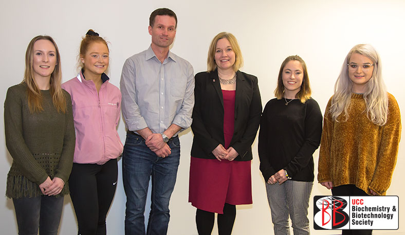 Members of the Biochemistry and Biotechnology Society: Rebecca Osborne, Cliodhna Wallace and Roisin Cassidy pictured with (centre) Dr Marcus Claesson, Coordinator for MSc in Bioinformatics and Computational Biology and Dr Kellie Dean, Coordinator for MRes & MSc in Molecular Cell Biology programmes.