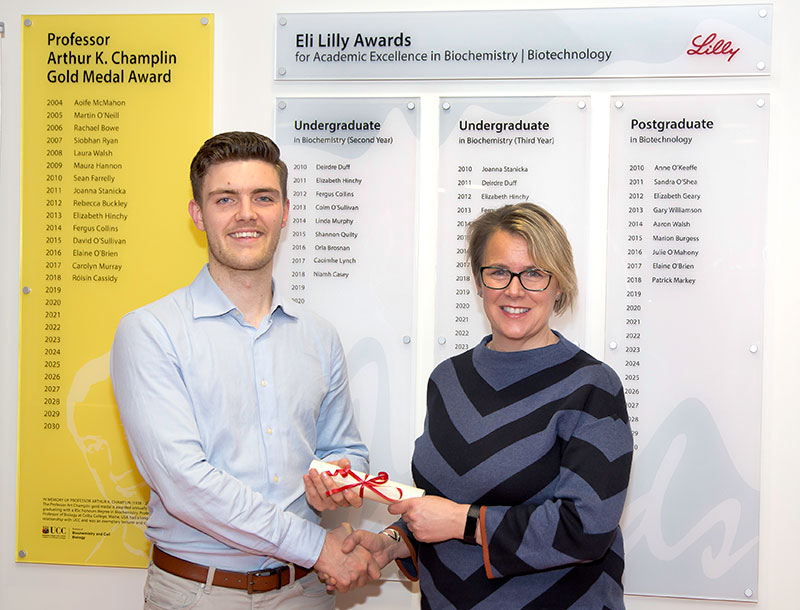 Patrick Markey, winner of the Eli Lilly MSc Biotechnology Postgraduate Scholarship prize and Dr Deirdre Buckley, TSMS Team Leader, Eli Lilly who presented Patrick with his award.