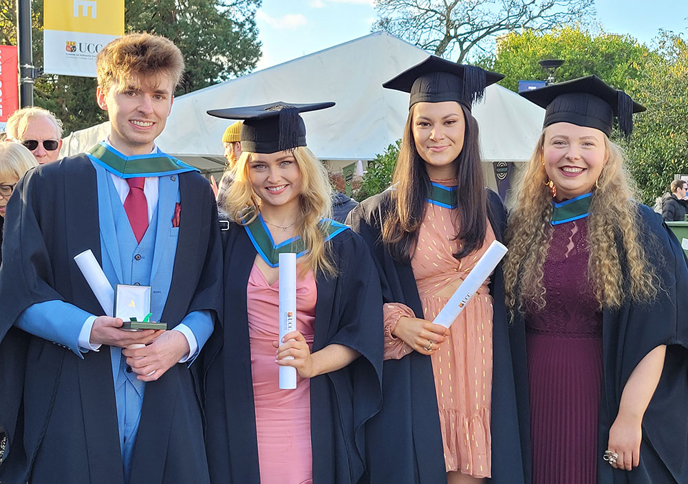 2021 BSc in Biochemistry graduates: Stephen O'Shea, Aoife Hayes, Niamh McDermott and Sophie McCarthy