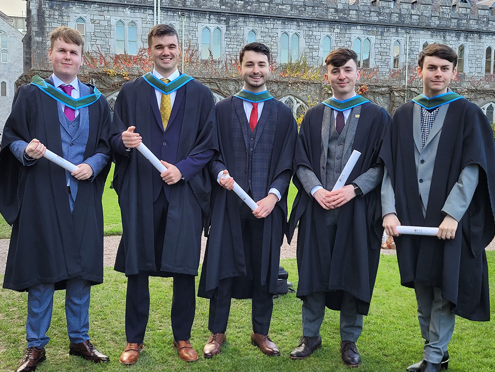 2021 BSc in Biochemistry graduates: Barry Kelliher, Timothy Pierce, Neil O'Sullivan, Bill Lacey and Jordan O'Donoghue.