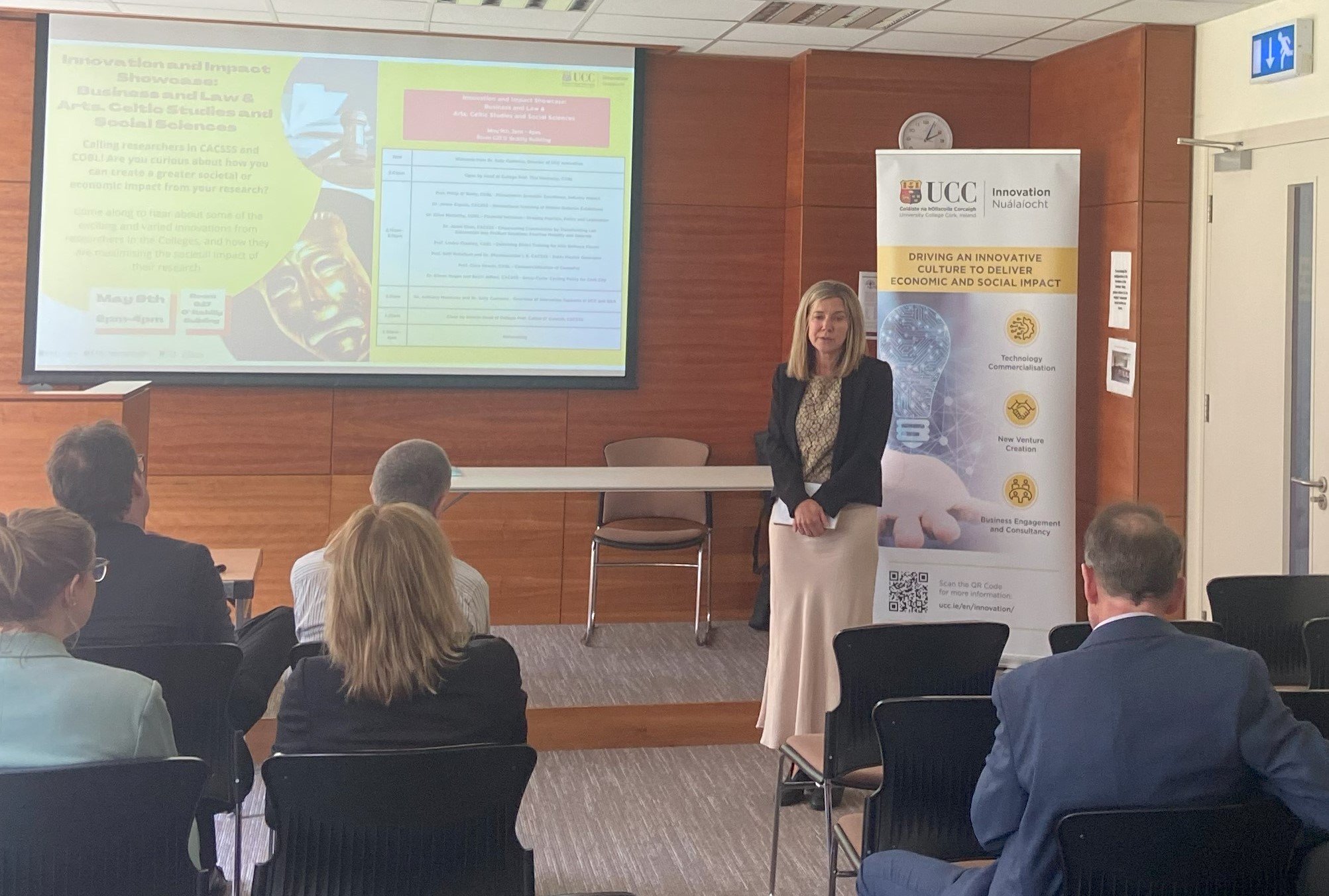 Professor Thia Hennessy speaks at the Innovation and Impact Showcase, held by the College of Business and Law and the College of Arts, Celtic Studies and Social Sciences.