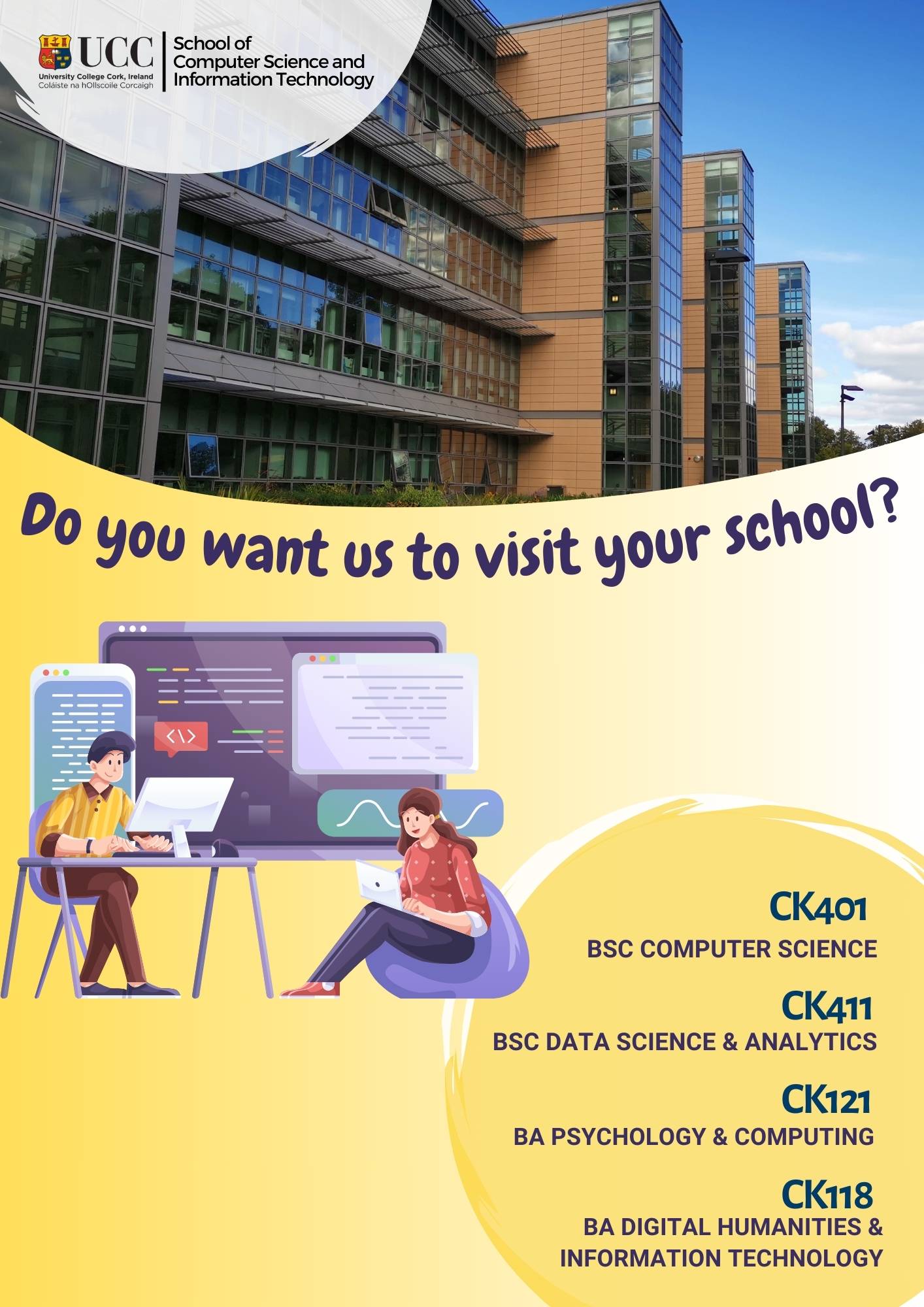 School visit poster, CSIT lecturers can visit your secondary school. info repeated in text