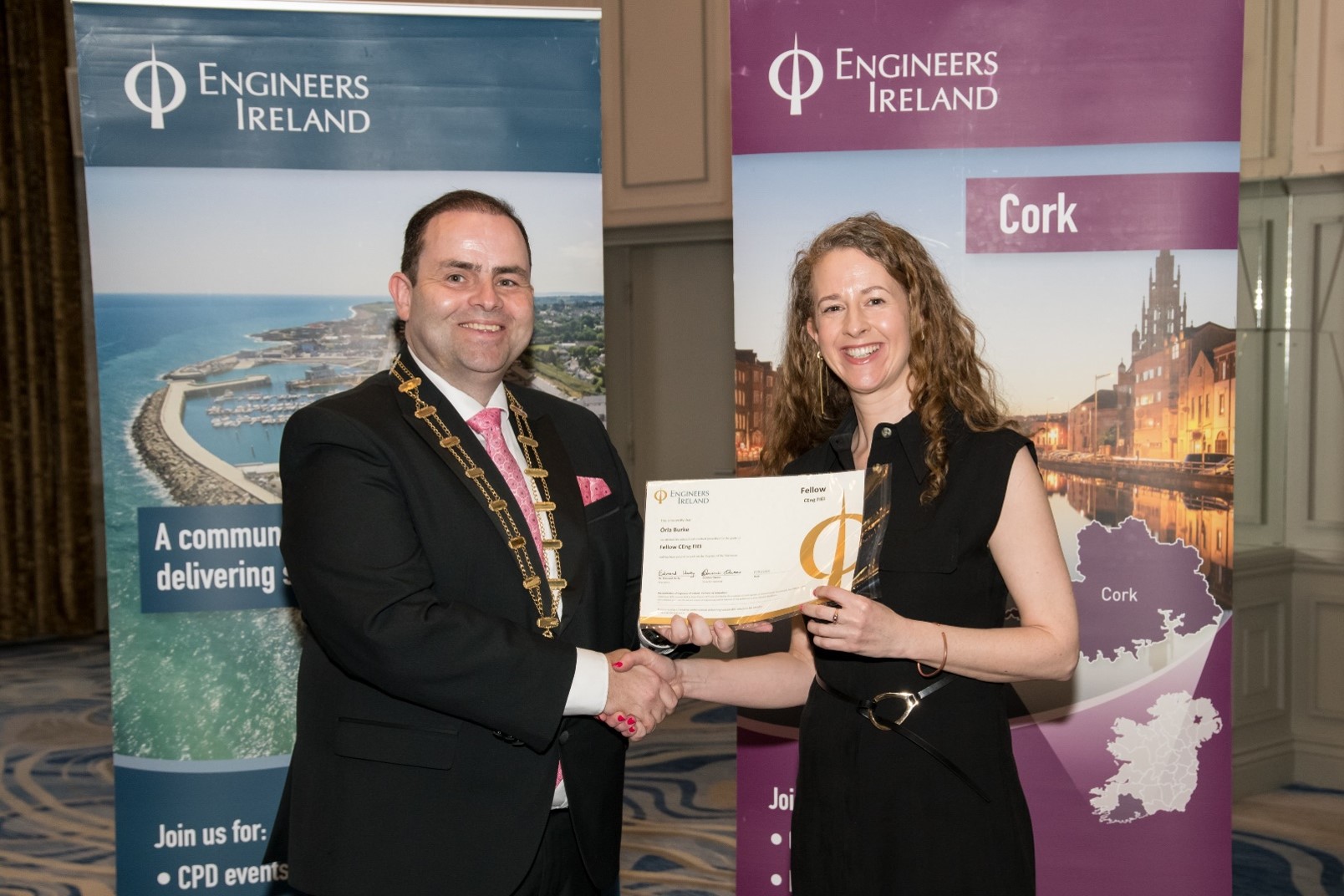 Órla Burke being awarded the title of Fellow by Engineers Ireland president Dr. Edmond Harty
