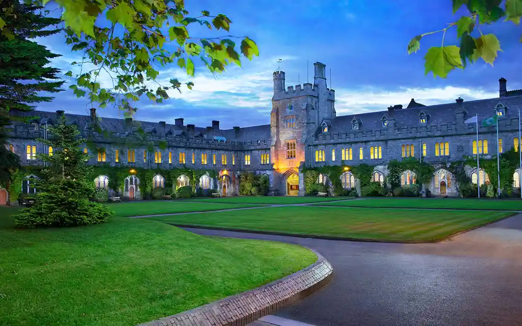 UCC Quadrangle lit up at night