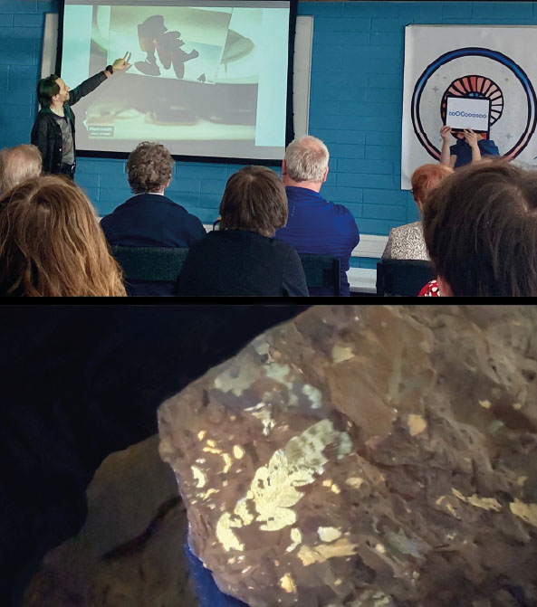 :  Chris ‘wows’ the crowd with some of the latest fossil findings from the volunteer team. Holly-Anne shows fossils glowing under ultraviolet light. Photo Credit: Valentina Rossi (top), Karl Grabe (bottom)