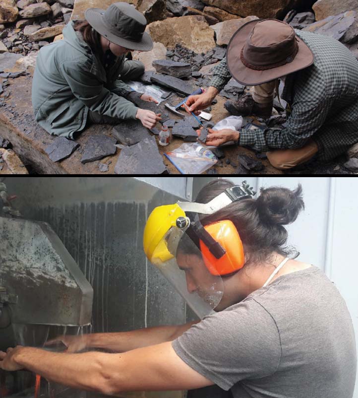Fossil field collections (above) and core sampling (below). Photo Credits: M. Amores and C. Mays