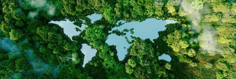 The world as a set of lakes in a forest representing future sustainability The world as a set of lakes in a forest representing future sustainability