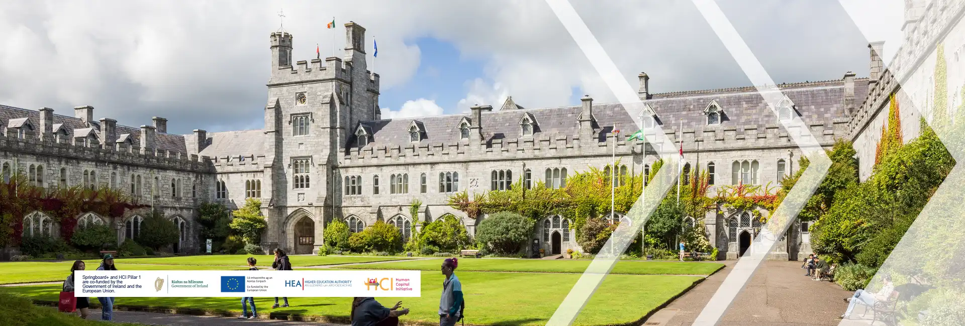 UCC quad with students and HCI logos
