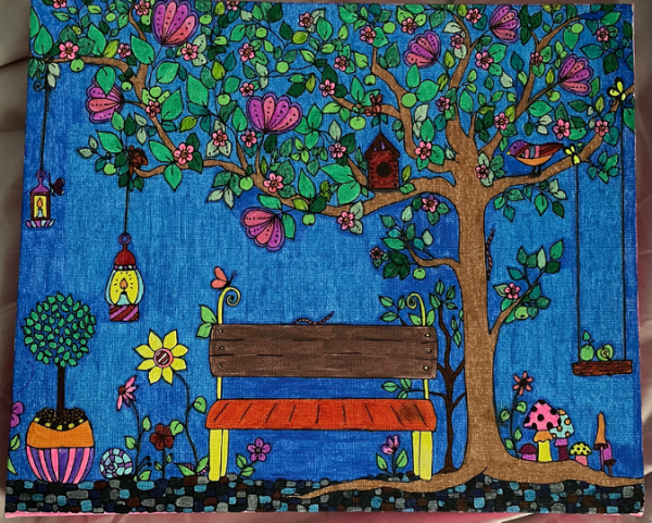 Artwork of a bench in a park surrounded by plants Artwork of a bench in a park surrounded by plants