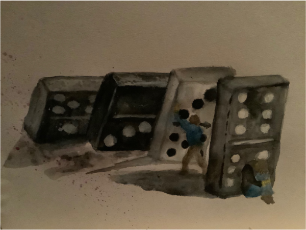 Painting depicting a stack of dominoes falling with the victim crouched behind the last domino, the active bystander stops the second-to-last domino from falling thus preventing the last domino falling on the victim Painting depicting a stack of dominoes falling with the victim crouched behind the last domino, the active bystander stops the second-to-last domino from falling thus preventing the last domino falling on the victim