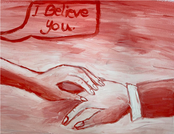 Painted artwork of the hand of an active bystander touching the hand of a survivor while saying the words Painted artwork of the hand of an active bystander touching the hand of a survivor while saying the words