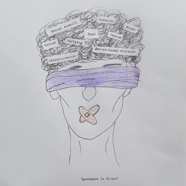 Artwork depicting person with blindfold over eyes, tape over mouth and various words in their hair Artwork depicting person with blindfold over eyes, tape over mouth and various words in their hair