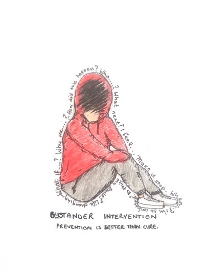 Artwork of sitting young person in a red hoodie, surrounded by the phrases Artwork of sitting young person in a red hoodie, surrounded by the phrases
