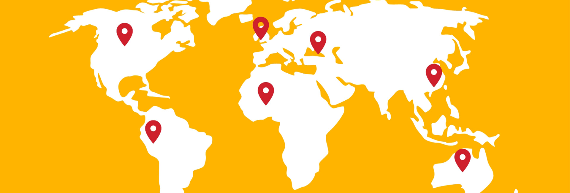 Continents in white on a yellow background with one red location marker in each continent