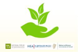 a green, stylised hand holding a small plant with three leaves with logos for the National Forum, Higher Education Authority and Government of Ireland below