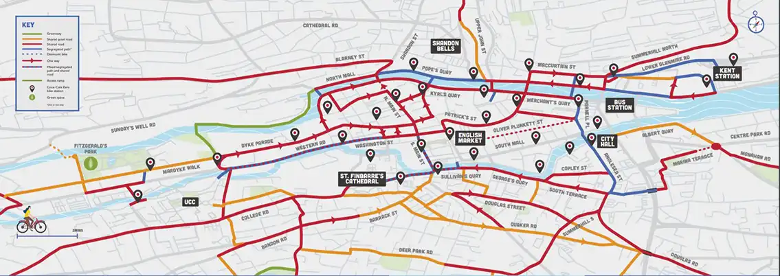 Map of Cork City displaying the cycling routes around the city Map of Cork City displaying the cycling routes around the city