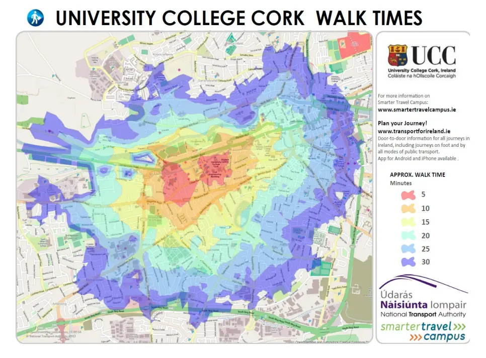 An image outlining the walk times to UCC from different parts of Cork city