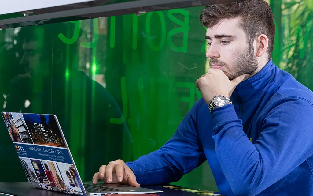 A student wearing a blue UCC fleece looking at a laptop.