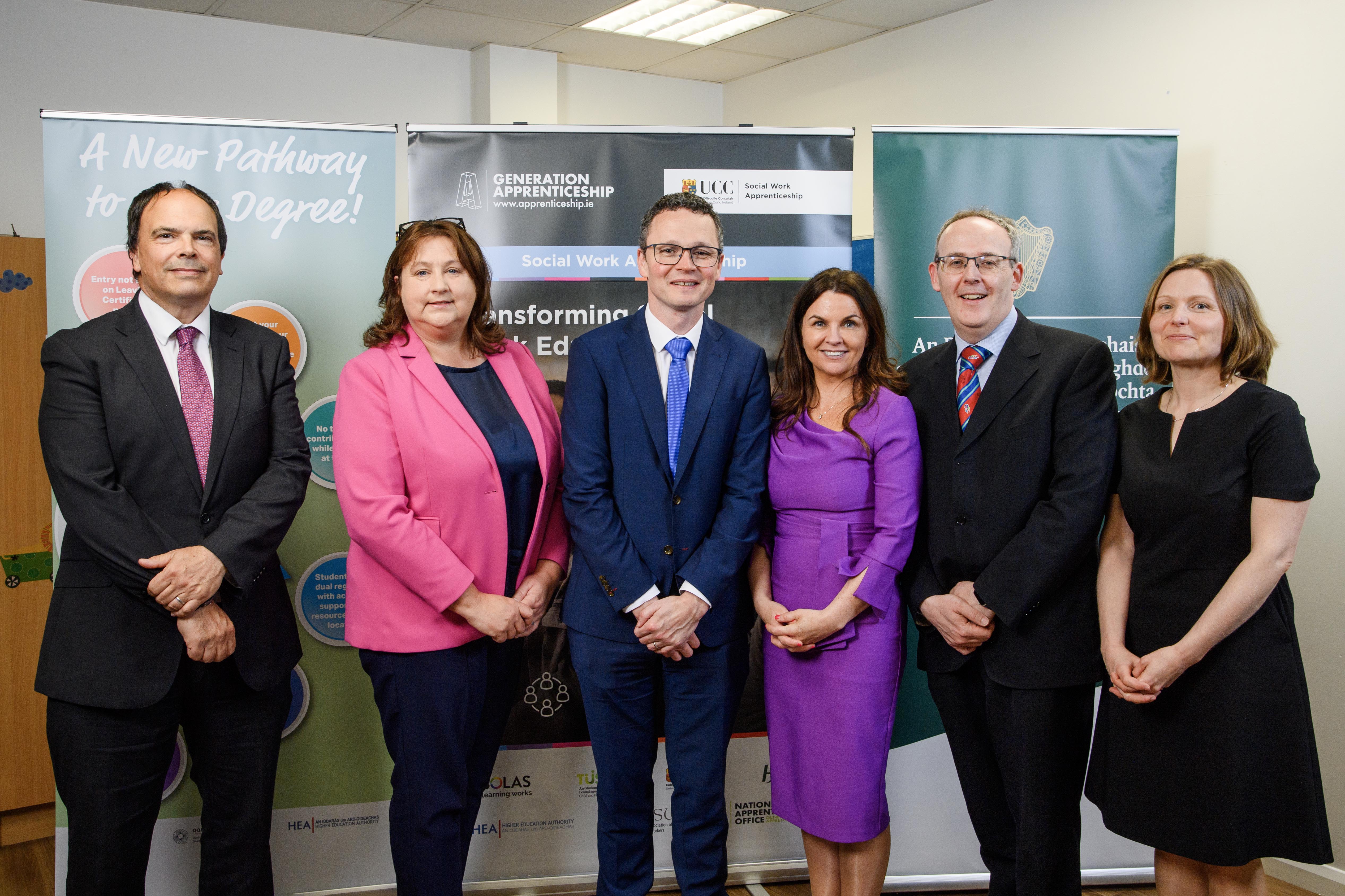 Pictured L-R, Dr Andy Philips, Regional Executive Officer, HSE south West, Minister Anne Rabbitte, TD, Department of Health and Department of Children, Equality, Disability, Integration & Youth, Patrick O'Donovan TD, Minister of Further and Higher Education, Research, Innovation and Science, Kate Duggan, CEO Tusla, Professor Stephen Byrne Deputy President and Registrar, UCC, Professor Eleanor Bantry White, UCC Social work 