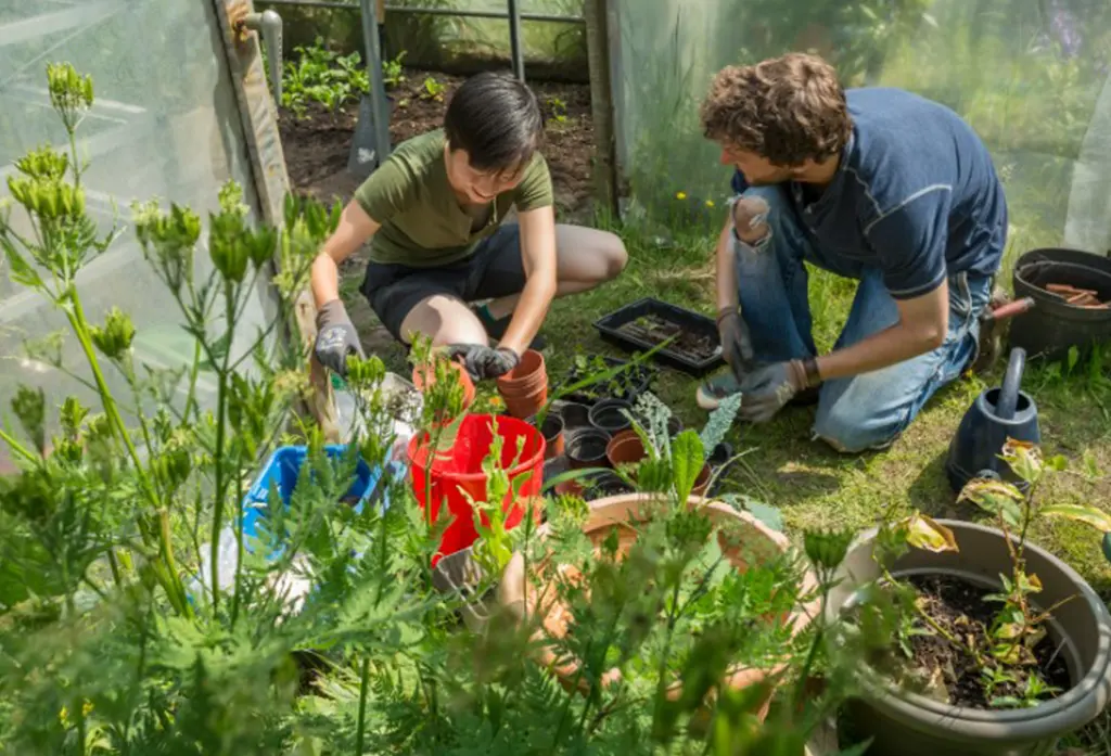 Two people tending to a garden inside a greenhouse